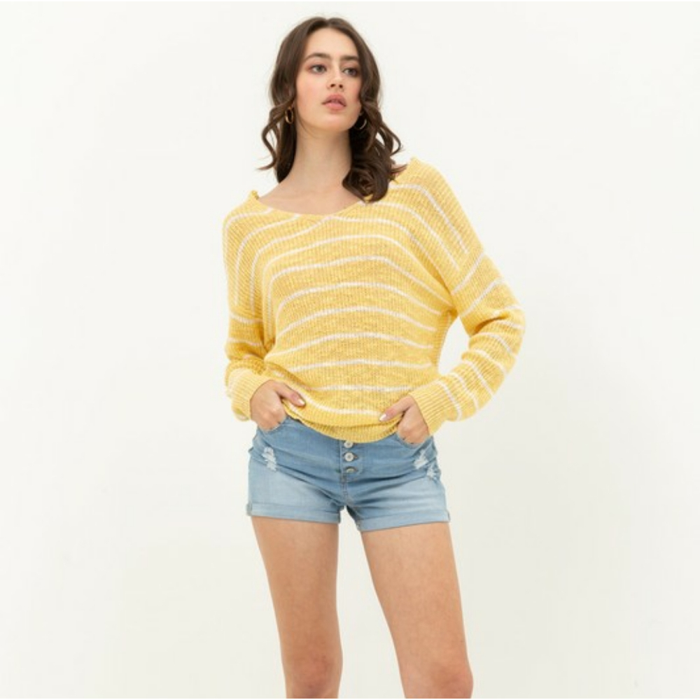 Love Tree Women's Yellow/White Striped Twist Back Knit Top Size Large